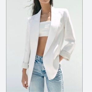 Zara Linen Blend Printed Cuff Blazer